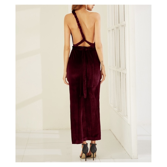 Burgundy Red Slit Convertible Maxi Velvet Dress - Picture 4 of 6